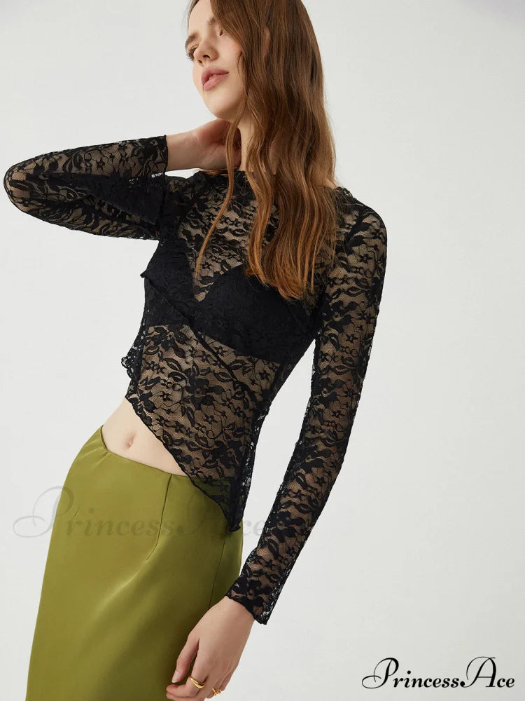 Asymmetrical Sheer Lace Trendy Long Sleeve Top T-Shirts
