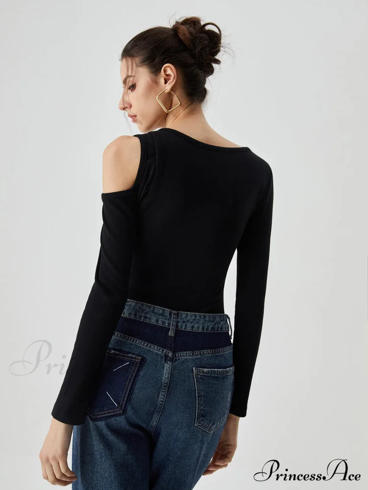 Asymmetrical Shoulder Cut Out Modern Long Sleeve Solid Top T-Shirts