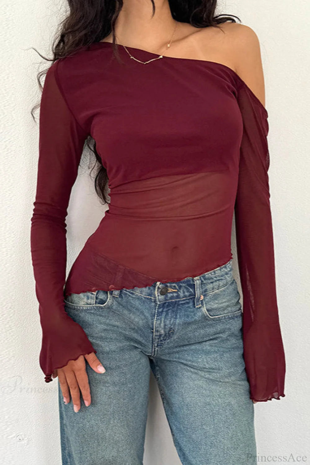 Asymmetrical Shoulder Mesh Off-Shoulder Long Sleeve Tee