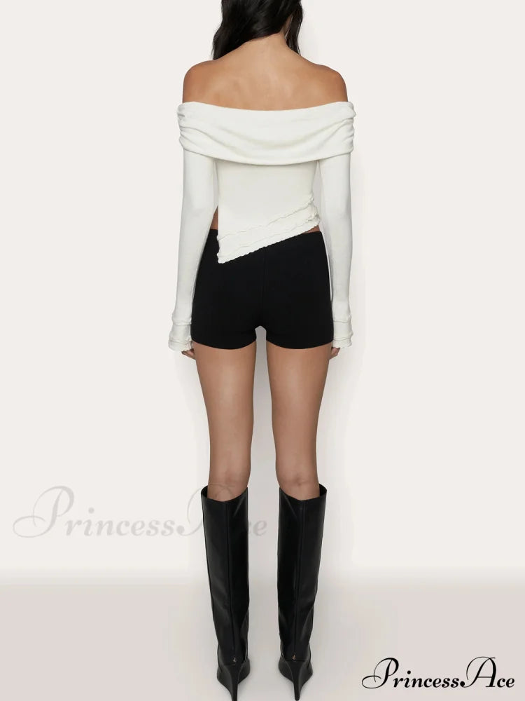 Asymmetrical Split Off Shoulder Modern Floral Cable Knit Top Sweaters-L