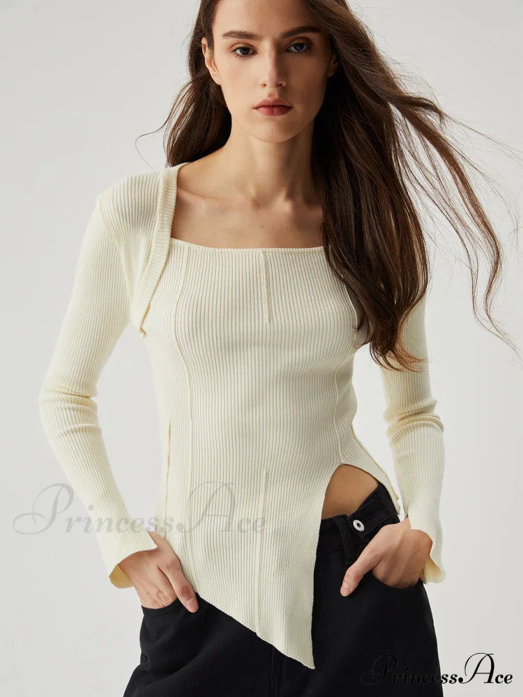 Asymmetrical Split Square Neck Modern Long Sleeve Knit Top Apricot / S Sweaters-L