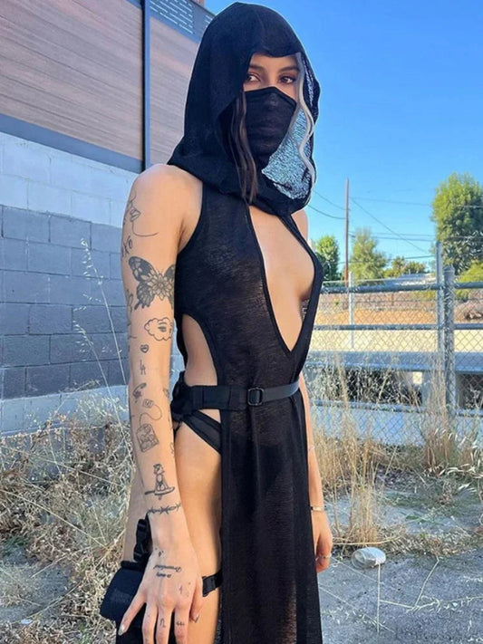 Attractive Rebel Net Hollow Hooded Full-Length Dress