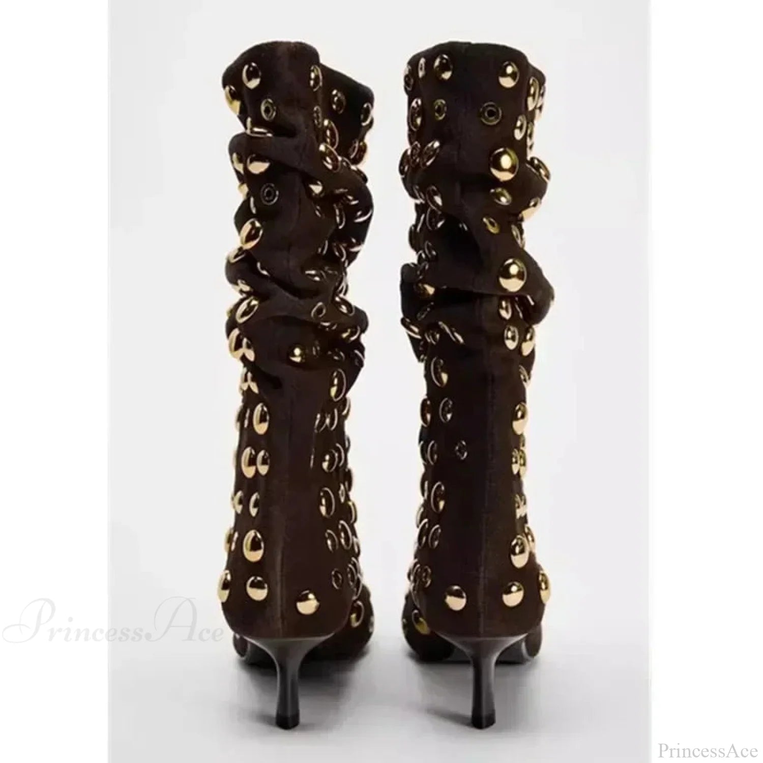 Attractive Rivet Pleated Tall Heel Pointed Gothic Boot