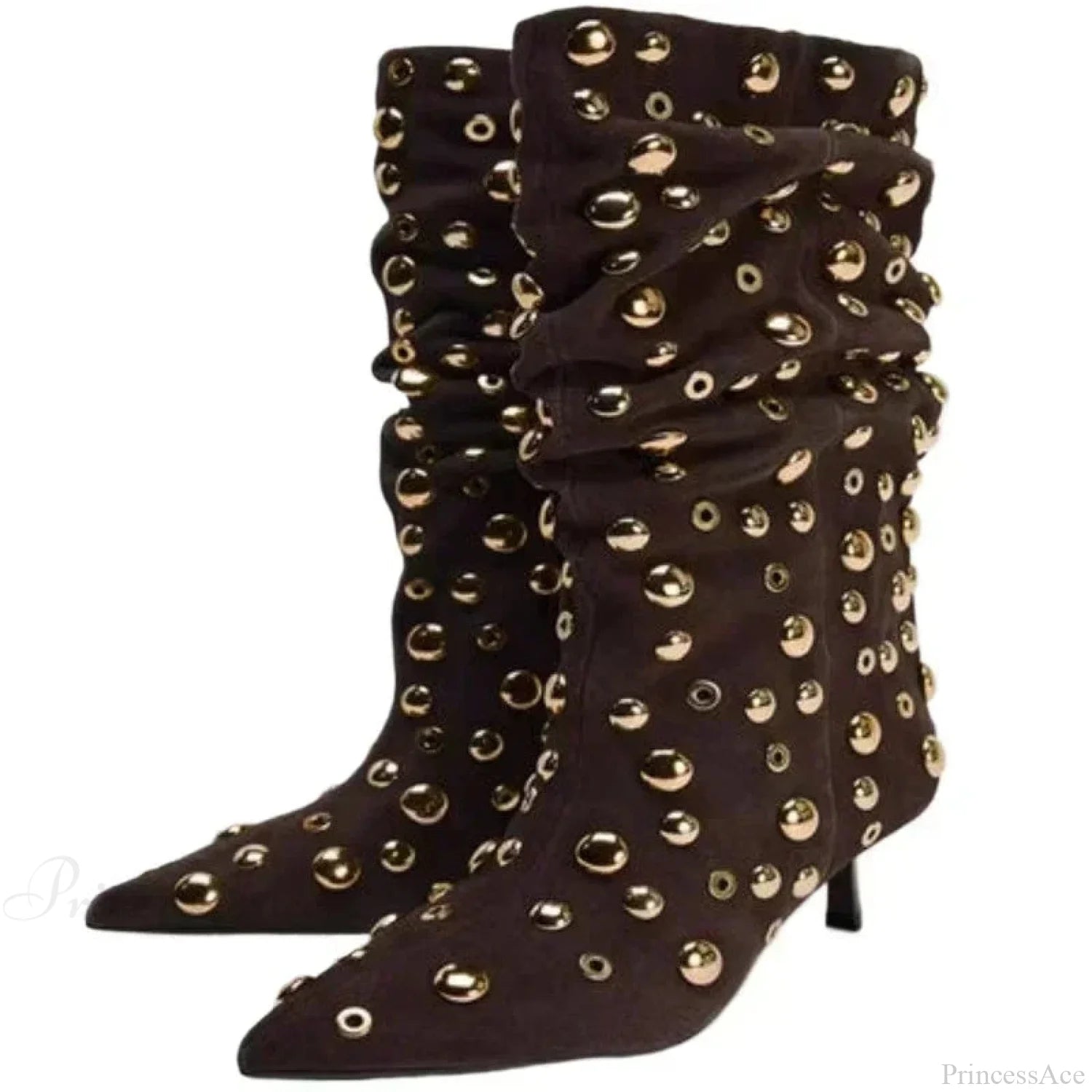 Attractive Rivet Pleated Tall Heel Pointed Gothic Boot