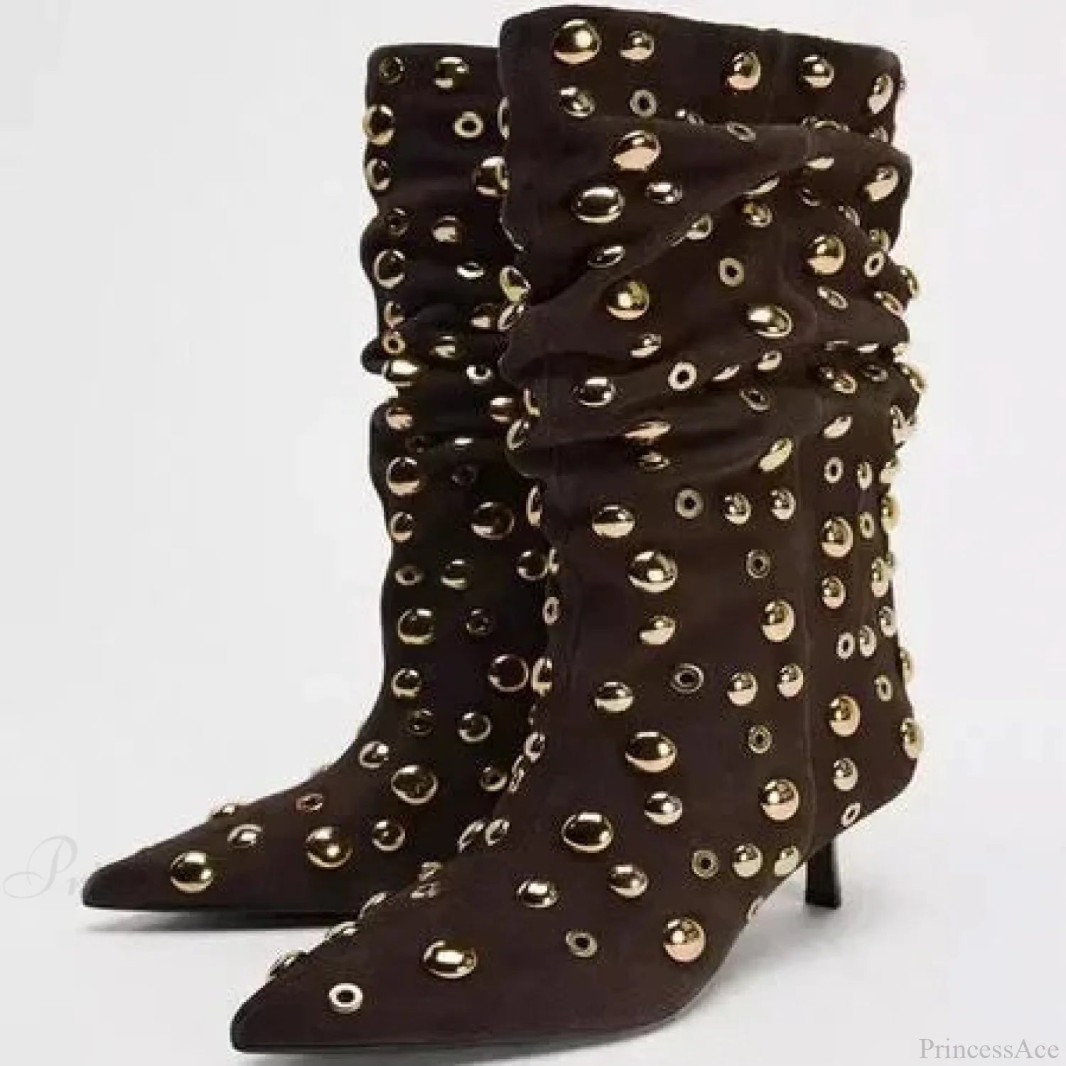 Attractive Rivet Pleated Tall Heel Pointed Gothic Boot Brown Single / 34