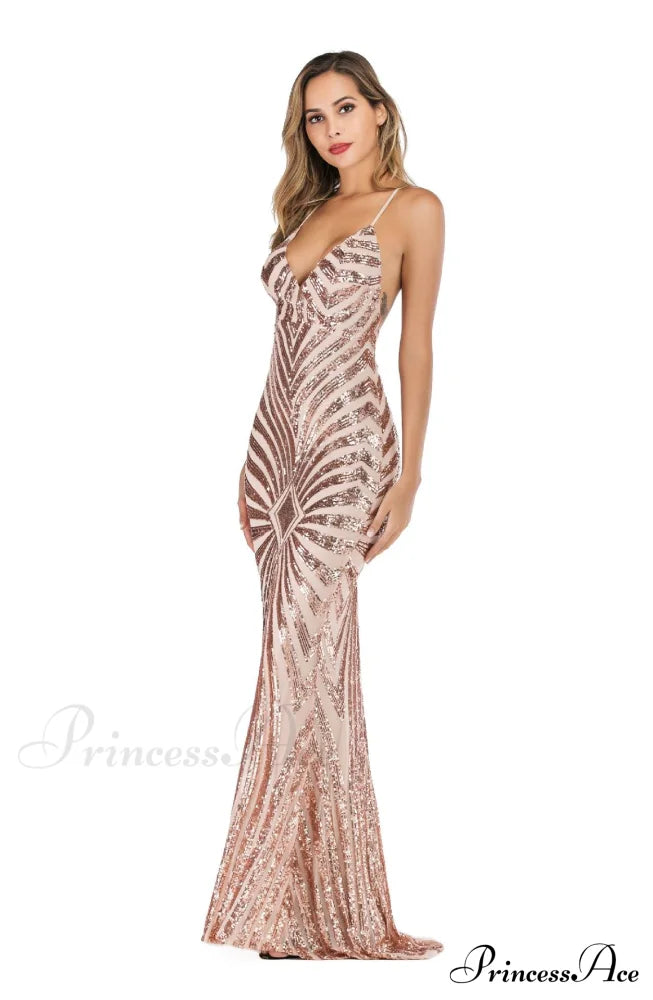 Aubrie Formal Stylish Sequin Scroll Dress Champgne / S S.o. Long Dresses