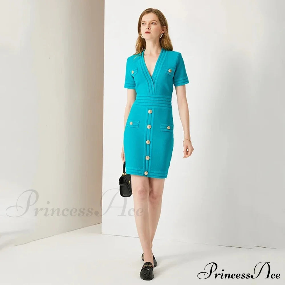 Aureta Knitted Stylish Mini Dress Sky Blue / L Dress