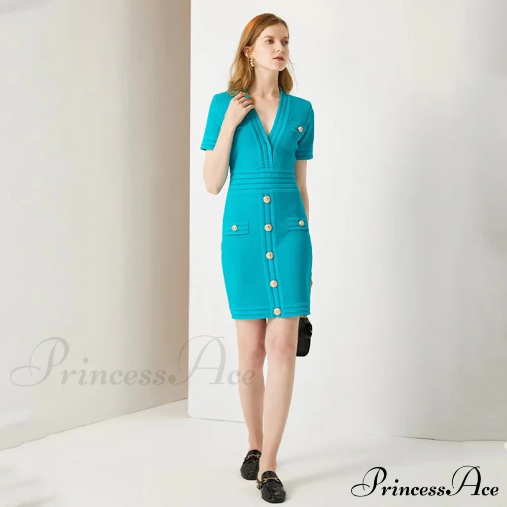 Aureta Knitted Stylish Mini Dress Sky Blue / M Dress