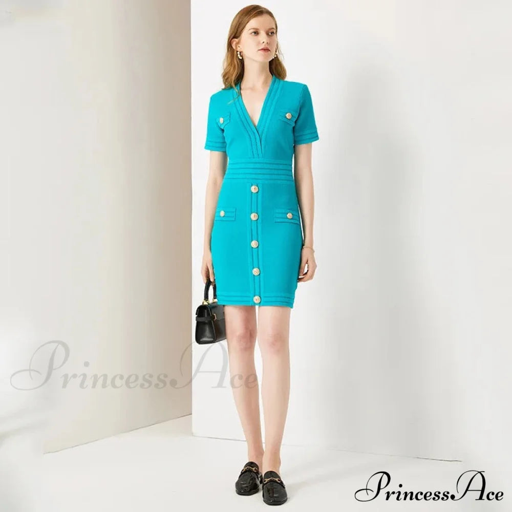 Aureta Knitted Stylish Mini Dress Sky Blue / S Dress