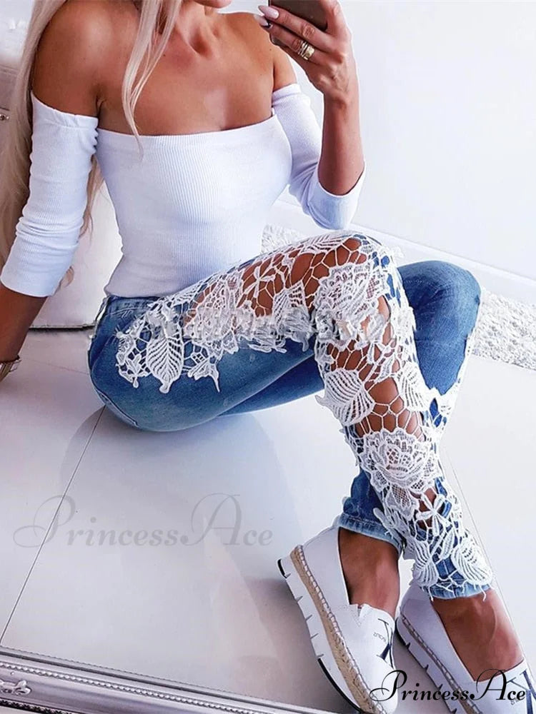 Autumn Denim Hollow-Out Flowered Elegant 3Xl Crochet Women Jeans Lace Sexy Pencil