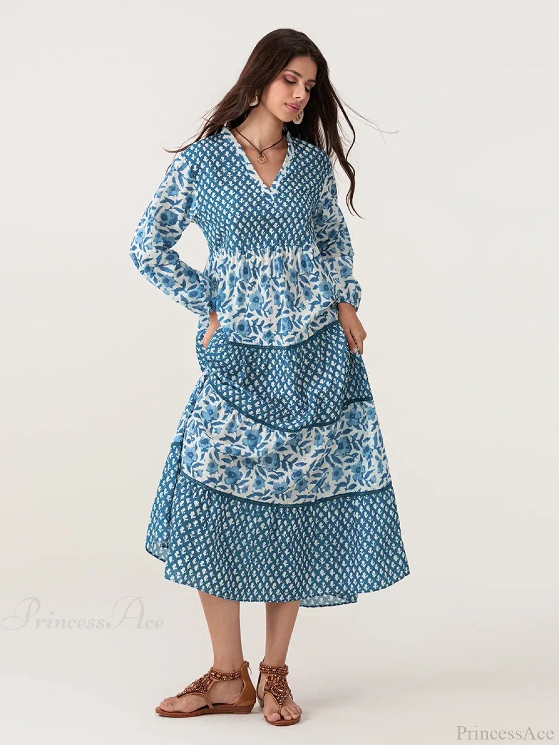 Autumn Floral Long Sleeve V-Neck Loose A-Line Floral Dress Blue / S floraldress-250126