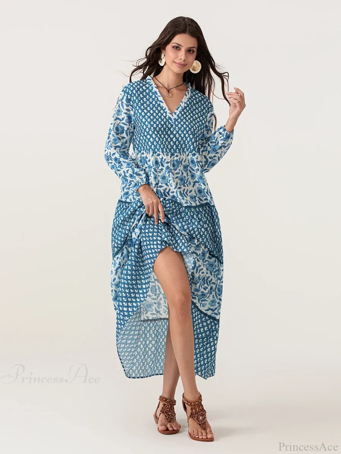 Autumn Floral Long Sleeve V-Neck Loose A-Line Floral Dress floraldress-250126
