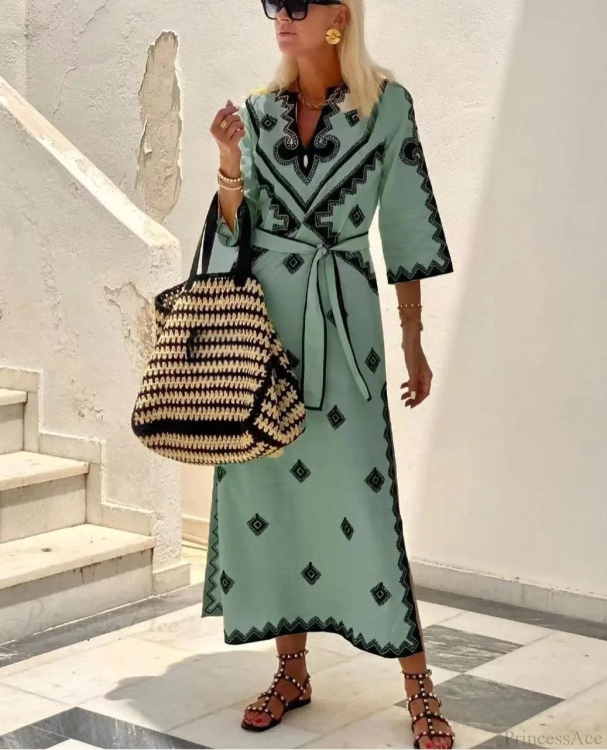 Autumn Fragrant Hemp A-line Boho Dress Green / S bohodress-250126