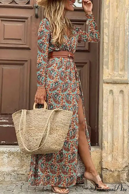 Autumn Female Short Sleeve Sexy High Split Maxi Boho Dress