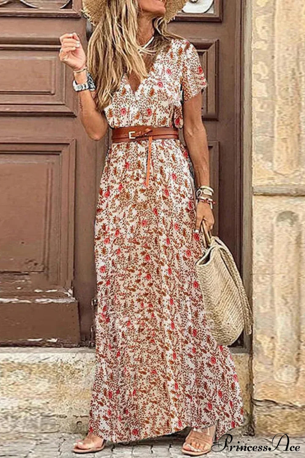 Autumn Female Short Sleeve Sexy High Split Maxi Boho Dress Red / S