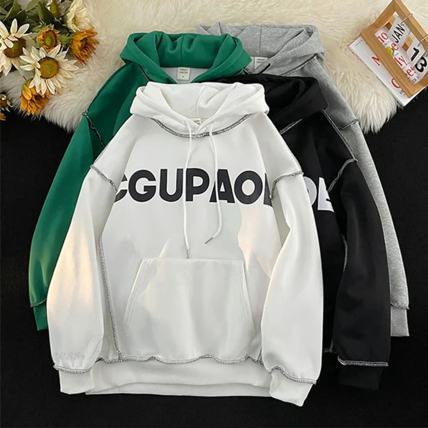 Autumn Letter Print Loose Fleece Hoodie
