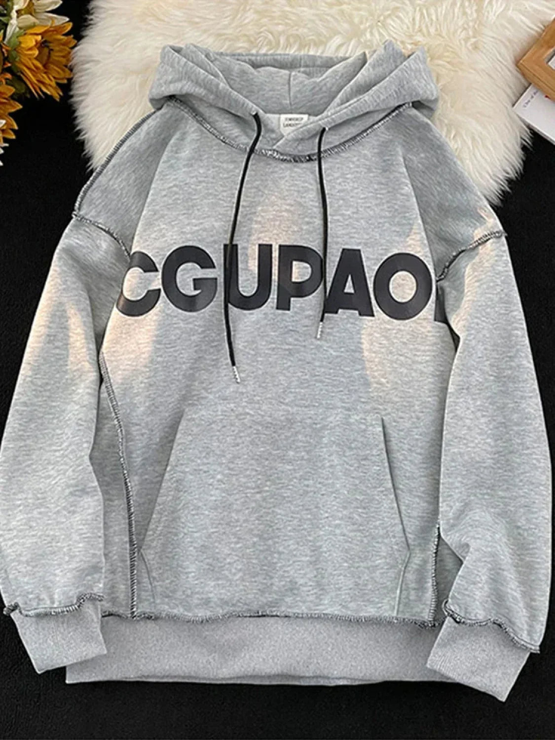 Autumn Letter Print Loose Fleece Hoodie GRAY / M(40-50KG)