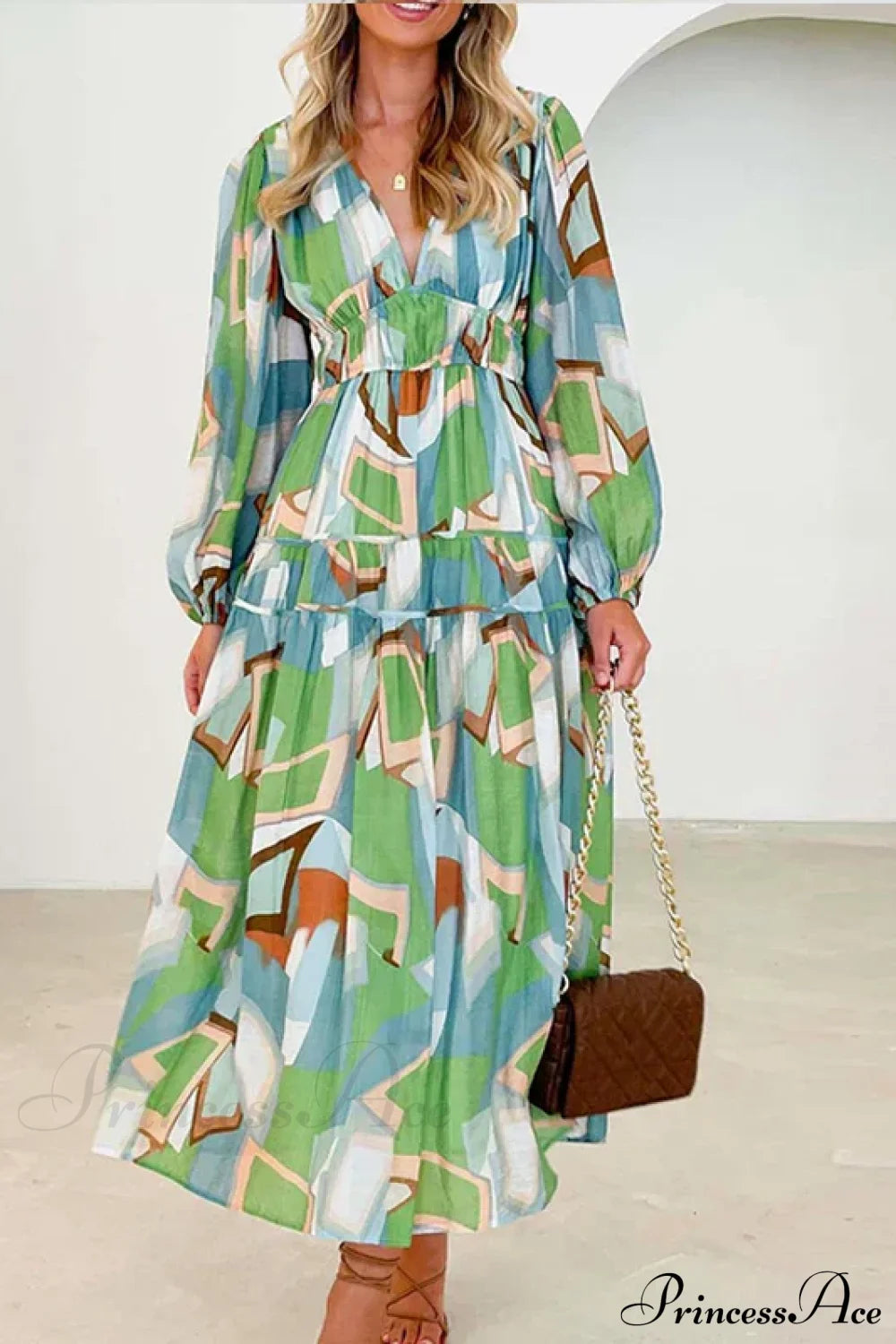 Autumn Long Sleeved Pleated Maxi Dress Boho Green / S