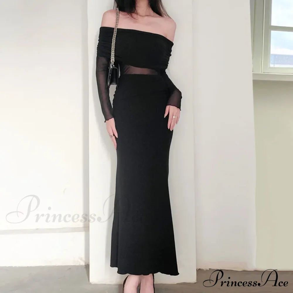 Autumn Sexy Strapless Black Lace Patchwork Long Streetwear Club Bodycon Dress