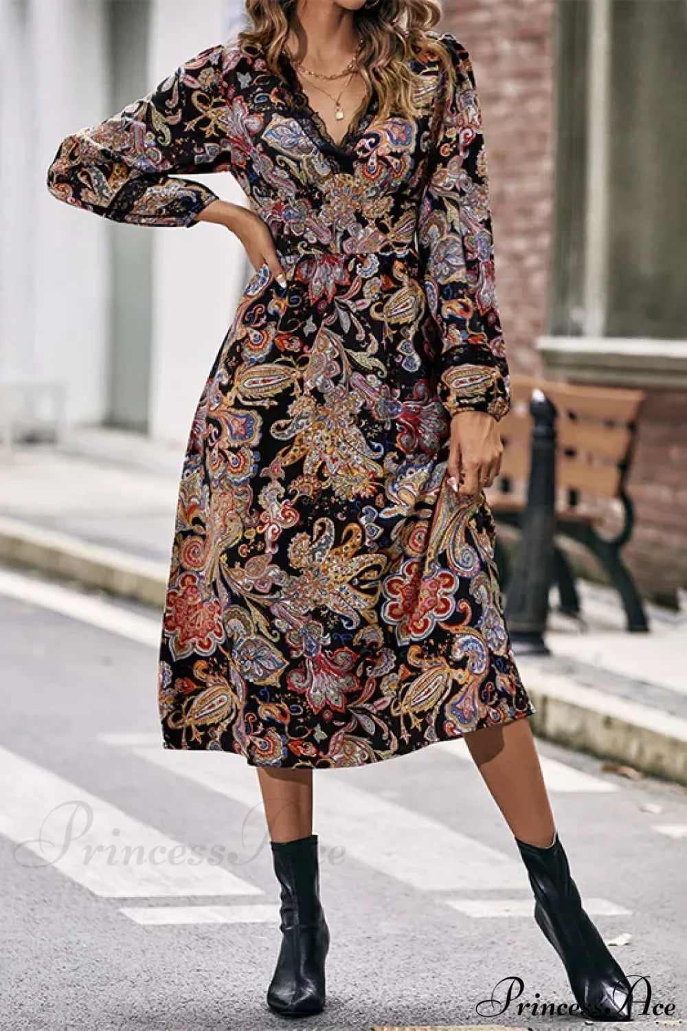 Autumn Sweet Fresh Bohemian Long Sleeve Floral Boho Dress