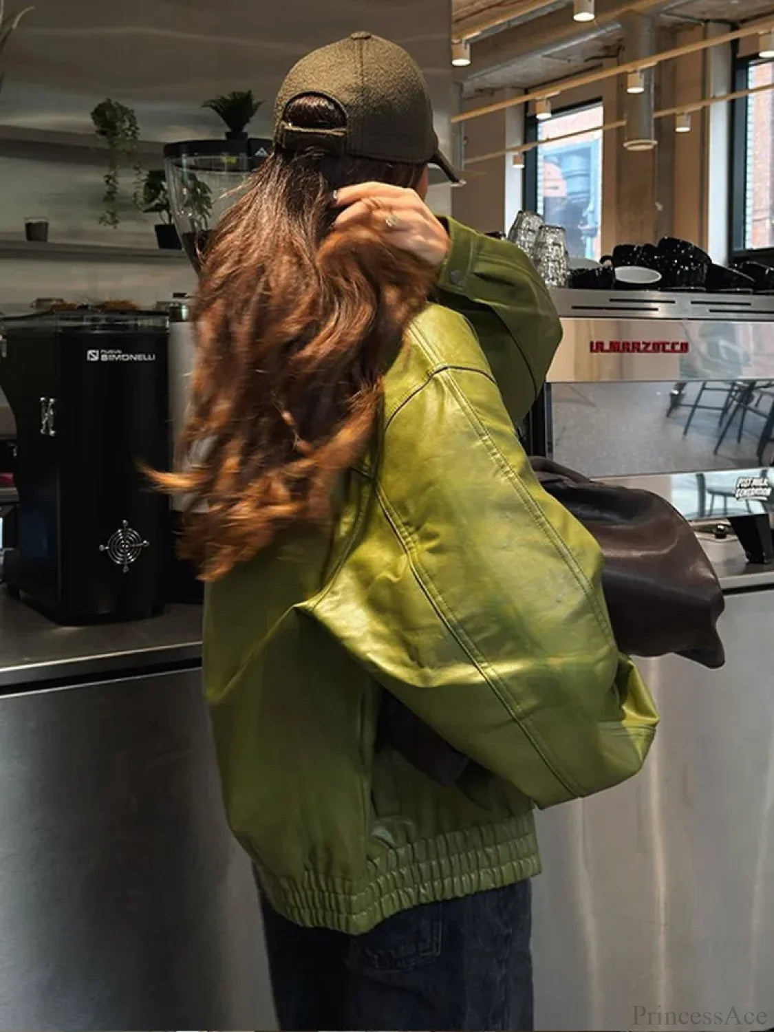 Avocado Green Single Breasted Leather Coat