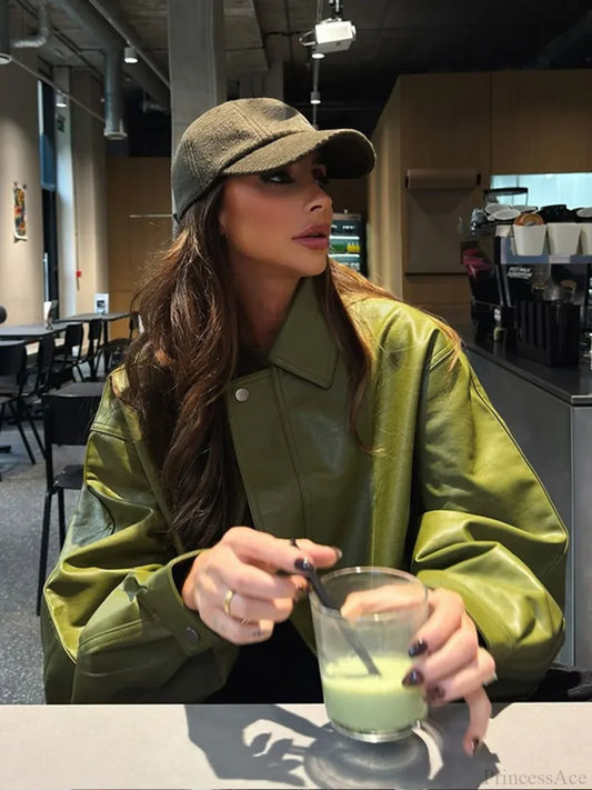 Avocado Green Single Breasted Leather Coat Green / S