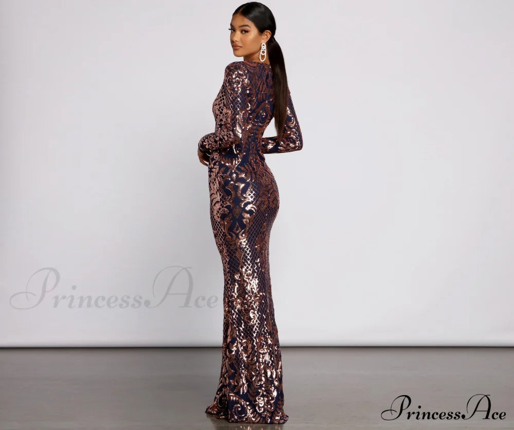 Ayla Formal Long Charming Sleeve Sequin Scroll Dress S.o. Long Dresses