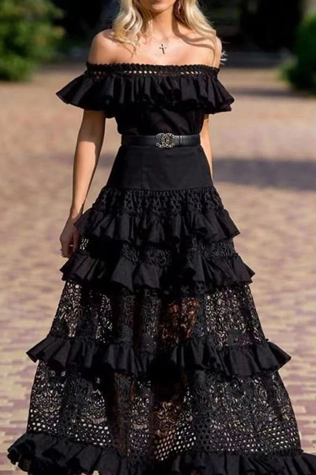 Elegant One Shoulder Ruffle Boho Dress Black / S
