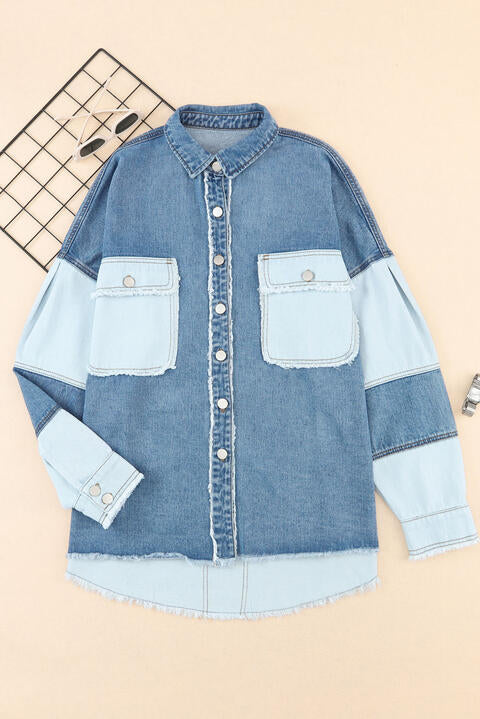 Hem Color Denim With Jacket And Up Raw Block Button Closure