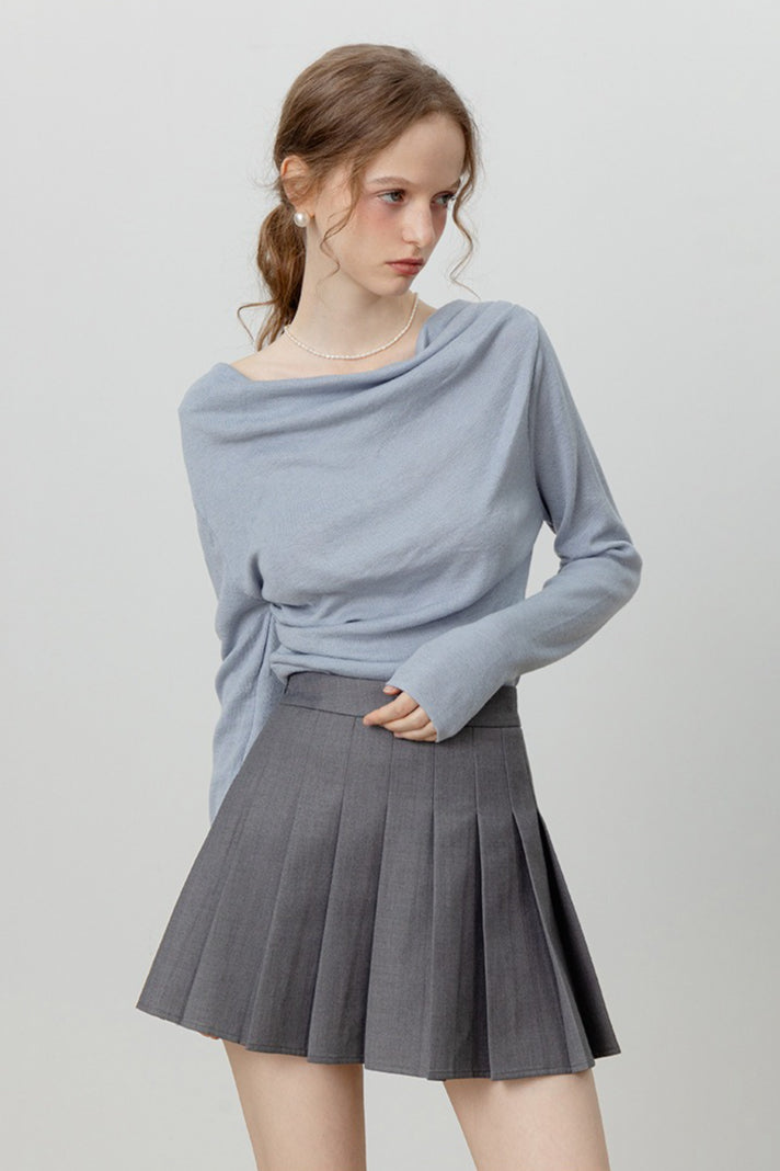 Off-Shoulder Draped Collar Waist-Cinched Knit Top