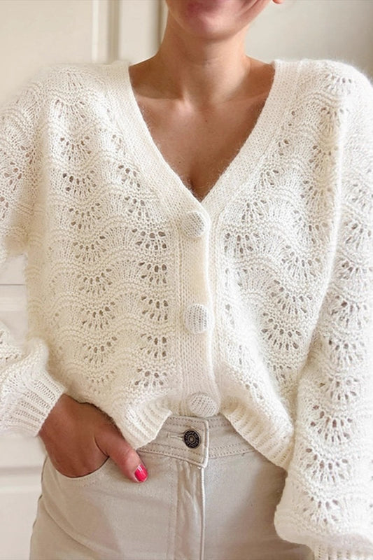 Autumn-Winter New Crochet Hollow-Out V-Neck Knit Cardigan