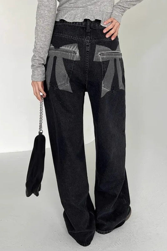 Washed Bow Print Pocket Wide Leg Jeans