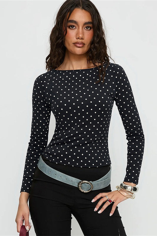 Polka Dot Scoop Back Long Sleeve T Shirt