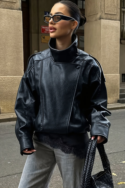 High Collar Epaulet Faux Leather Jacket