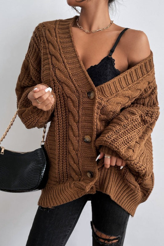 Oversized Cable Knit V Neck Button Cardigan