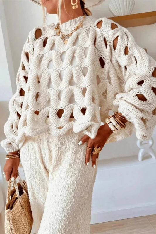 Openwork Leaf Texture Crew Neck Knit Sweater