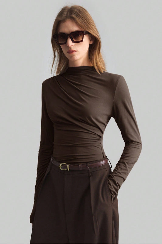Asymmetric Ruched Mock Neck Top