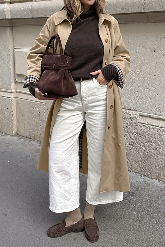 Check Trim Single Breasted Long Trench Coat