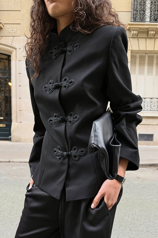 Mandarin Collar Frog Closure Blazer Jacket