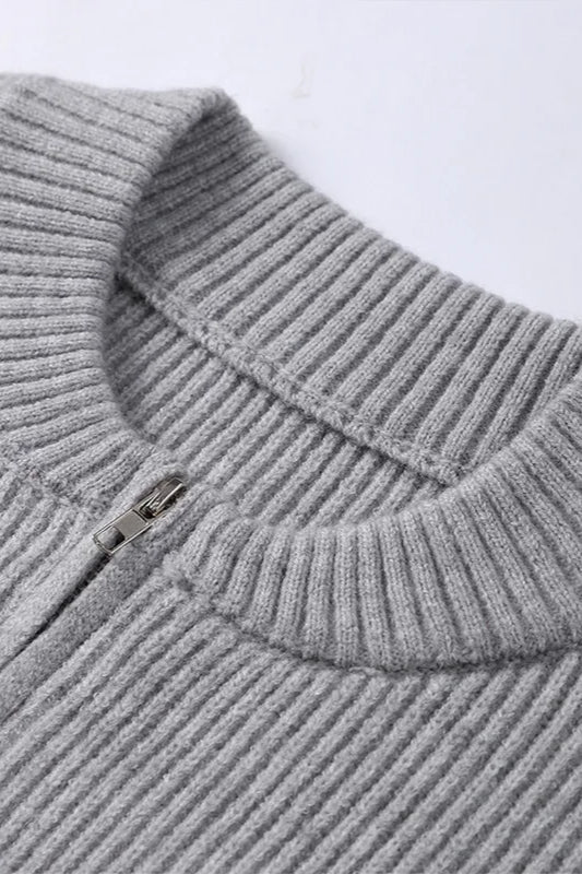 Pleated Knit O Neck Zipper Cardigan