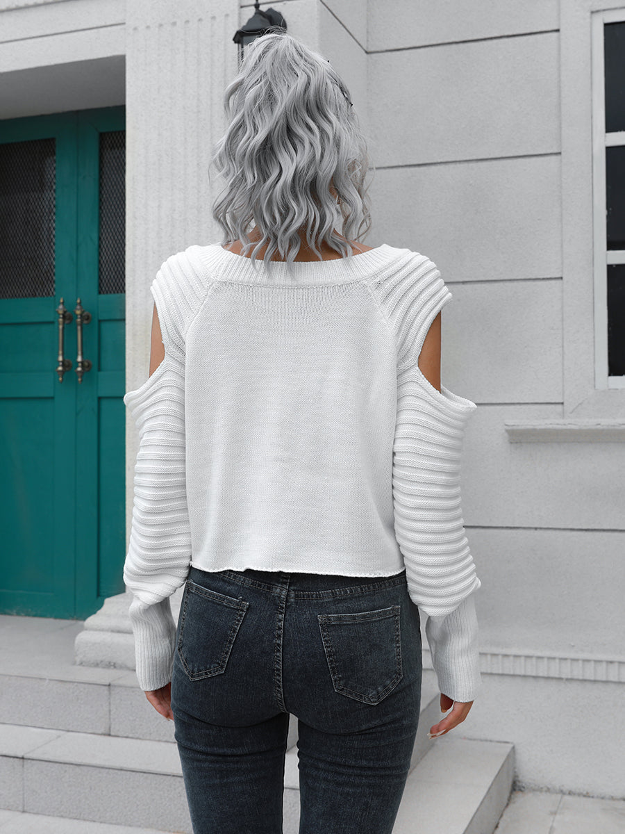 Ribbed Trim Cold-Shoulder Sweater Sweaters-L