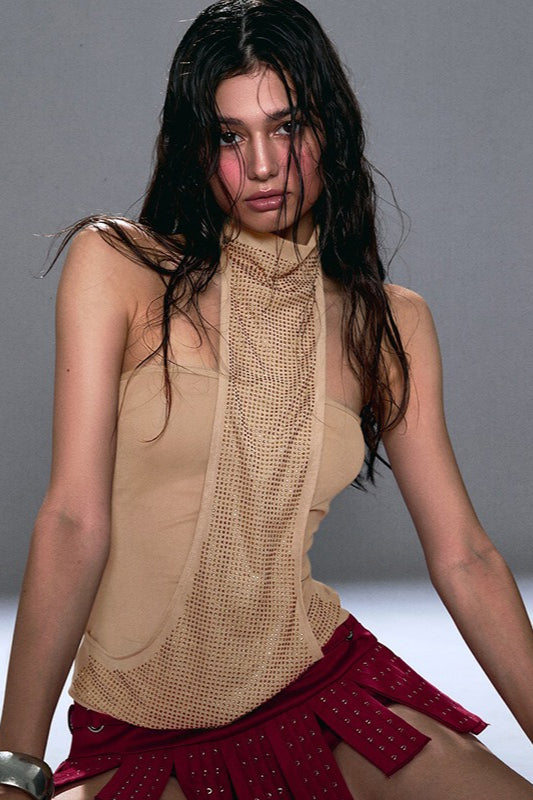 Rhinestone Sequin Scarf Sheer Tank Top