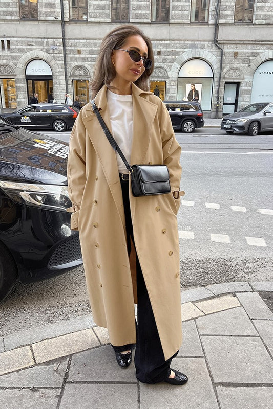 Chic Khaki Longline Double Breasted  Overcoat
