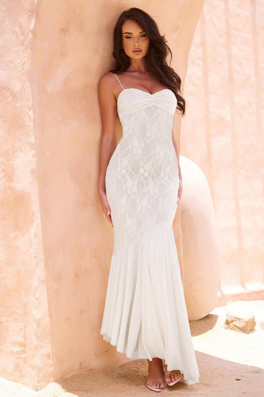 Strapless Lace Panel Fishtail Maxi Dress