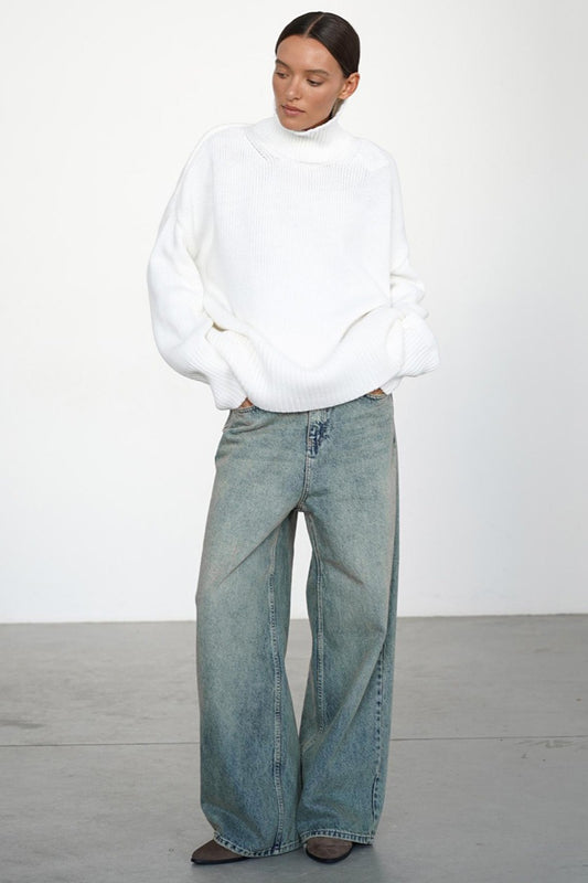 Oversized Turtleneck Rib Trim Knit Sweater