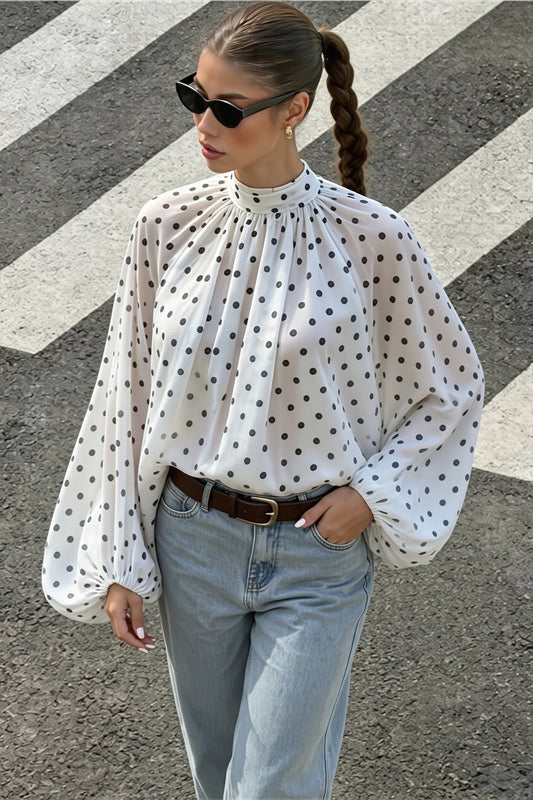 Elegant Polka Dot Bow Neck Blouse