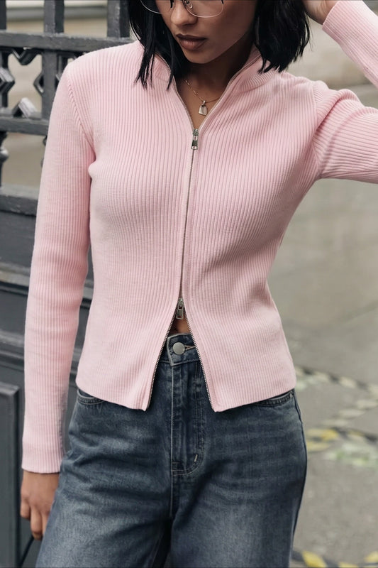 Double Zip Stand Collar Knit Cardigans