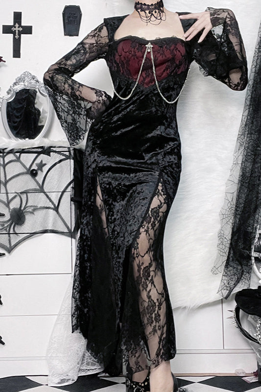 Robe gothique fendue à manches en dentelle