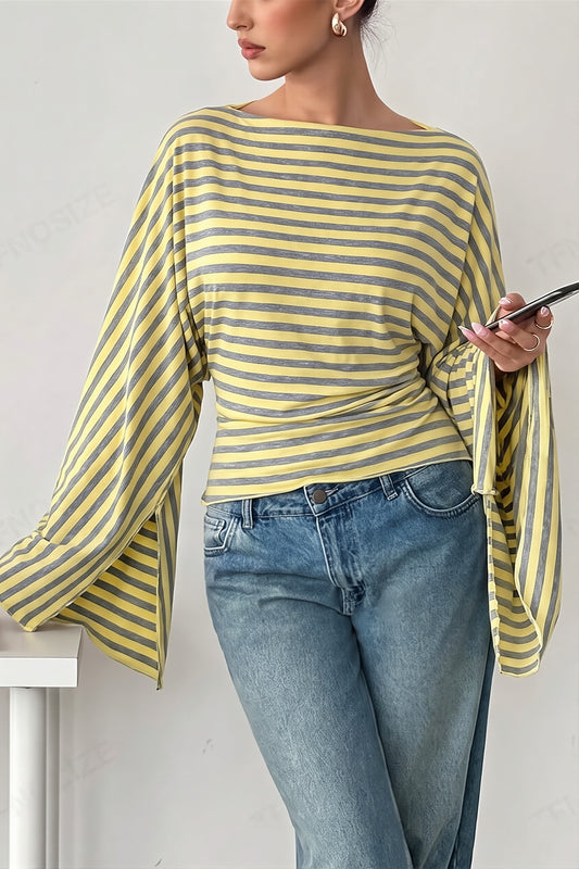Striped Boat Neck Wide Sleeve Blouse