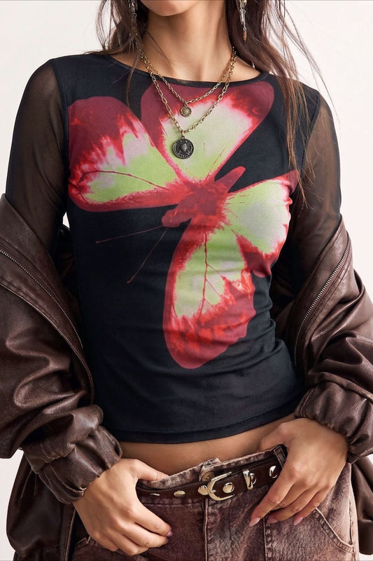 Butterfly Graphic Mesh Long Sleeve Tee